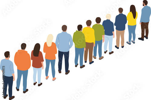 Vector illustration of diverse people standing in a long queue, viewed from behind, isolated on a transparent background, suitable for website UI and presentation graphics.