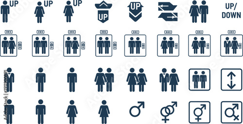 Public building sign set featuring elevator lift symbols up and down directional arrows and male female gender identity icons