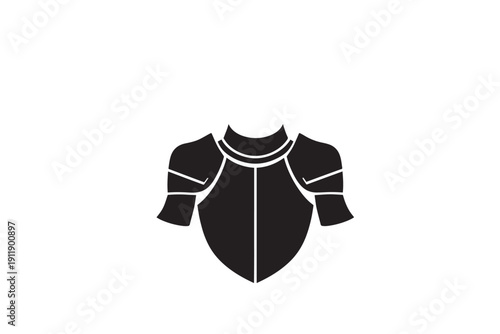 Black silhouette of knights chest plate and shoulder guards on white background, medieval armor symbol for fantasy game