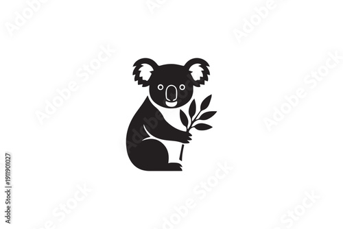 Koala silhouette holding eucalyptus leaves isolated on white background australian marsupial animal symbol native wildlife icon gentle creature art illustration vector graphic