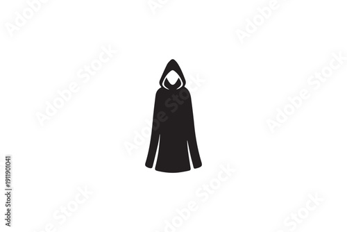Black silhouette of hooded cloak or robe isolated on white background mysterious figure symbol ancient garment icon fantasy costume occult apparel protective outerwear vector art