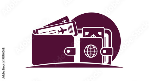 A purple stylized icon of an open wallet containing a passport and airplane tickets
