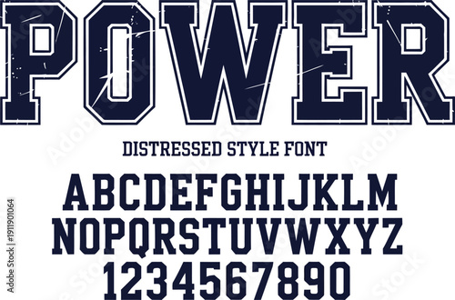 Distressed Navy Blue Varsity Style Alphabet and Number Set Featuring Collegiate Block Lettering with Vintage Cracked Texture for Athletic Team Apparel