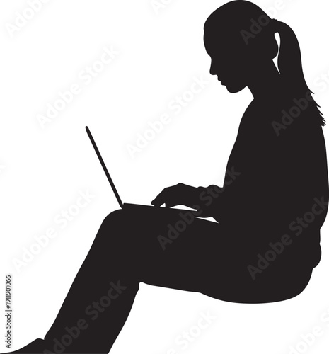 Black silhouette of a girl sitting and using a laptop also transparent background woman female