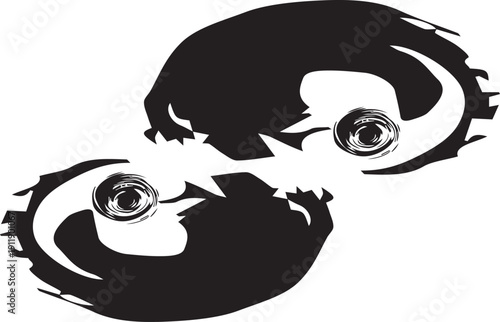 Abstract black and white yin yang symbol with textured brushstrokes.