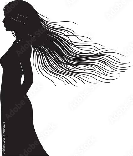 Black silhouette of woman with long flowing hair blowing in wind also transparent background long hair