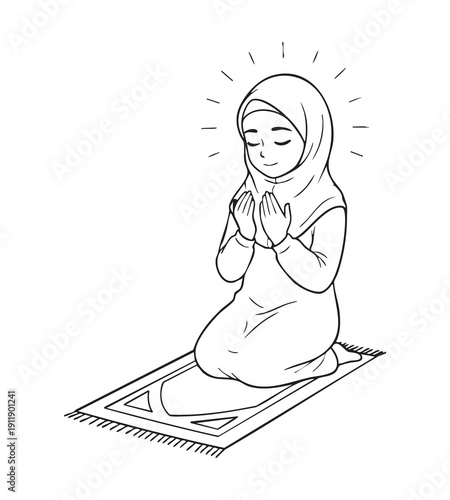 A Peaceful Young Muslim Girl Kneeling on a Prayer Mat Making Dua with Spiritual Light Shining Behind Her