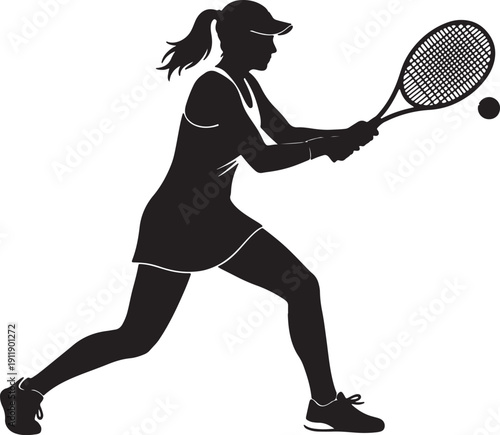 Black silhouette woman playing tennis with racket and ball also transparent background white