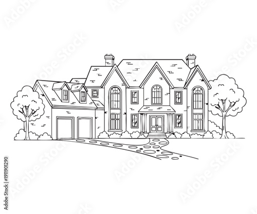 Grand Two-Story Luxury Suburban Family Mansion with Garage and Landscaped Garden Detailed Line Drawing