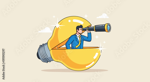 Vector illustration of a businessman in a blue suit looking through a black telescope, emerging from a bright yellow lightbulb, isolated on a light beige background.