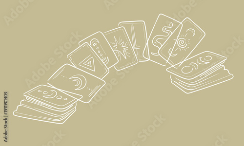Tarot deck of white cards on yellow, continious line drawing. Magic, esotericism, witch, occultism line art. Vector illustration