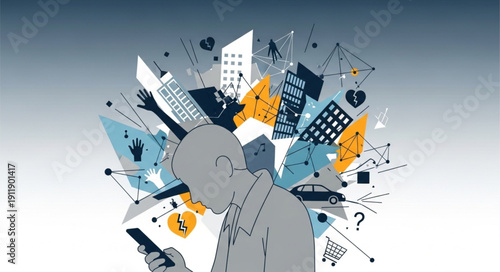 Man Surrounded by Business Icons and Symbols.