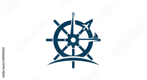 Nautical and travel logo featuring a ship wheel, compass needle, airplane, and sailboat icon.