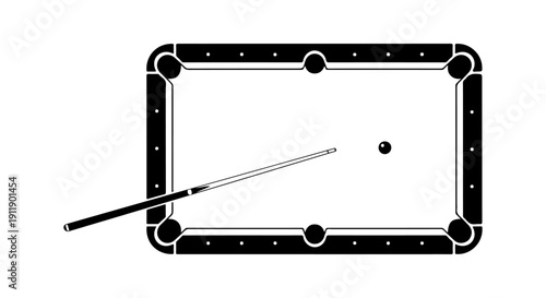 Pool table and cue stick with a ball on the felt, a classic game of billiards illustration