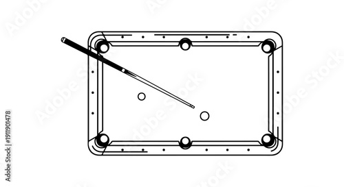 A top-down illustration of a billiard table in play, showing a cue stick striking a cue ball towards another ball