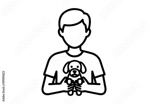 Illustration of a person holding a small dog, symbolizing pet care and companionship, presented in a clean, modern line art style