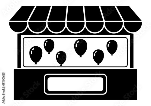 Black and white illustration of a balloon stall with an empty display space, perfect for celebrations and events