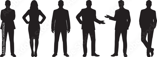 Six black silhouettes of business people in various poses on white background also transparent background