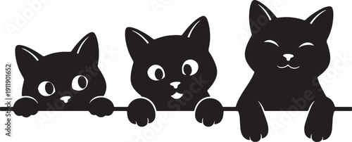 Three black cartoon cats peeking over a line also transparent background
