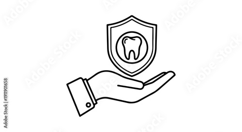 Dental care and protection shield icon vector graphic of a hand holding a tooth inside a shield