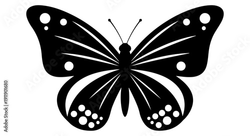 Black butterfly graphic design with dots and intricate patterns, a symbol of transformation and nature's beauty
