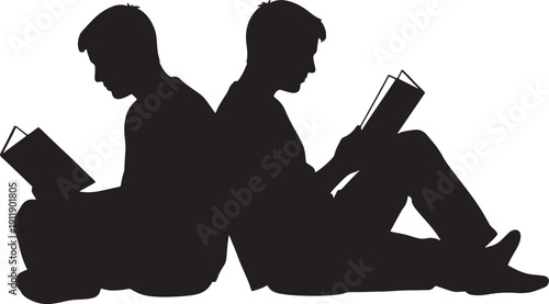 Two boys sitting on floor reading books in black silhouette also transparent background