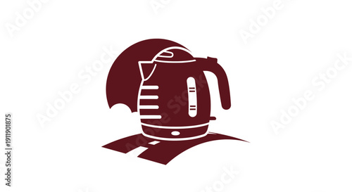Stylized dark brown electric kettle icon with a circular background element on a white background