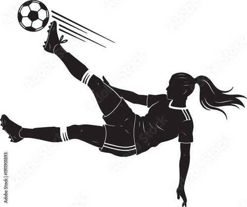 Woman in black soccer uniform kicking soccer ball with right foot also transparent background black uniform