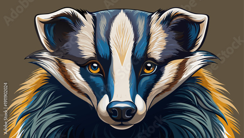 Very beautiful close-up colored pencil sketch of a badger, featuring detailed fur texture, natural tones, expressive eyes, and realistic wildlife illustration style on clean background.