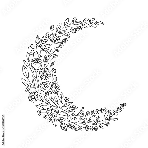 Moon crescent shape with floral line art decoration.