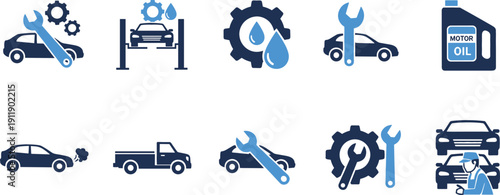 Car service and auto repair icon set featuring vehicle maintenance tools engine oil gears wrenches and professional mechanic garage equipment