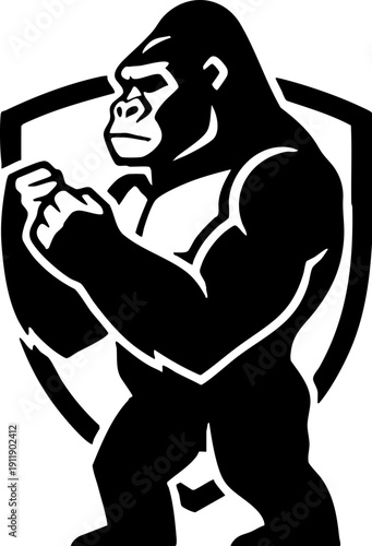 Strong Gorilla Mascot Shield Logo Design Black and White Illustration