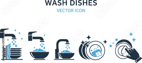 Kitchen dish washing icon set featuring running water faucets soapy plates bowls cleaning sponges and sparkling clean kitchenware housework