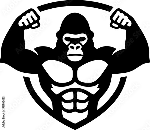 Muscular Gorilla Flexing Biceps in Shield Logo Vector Illustration