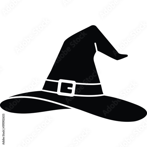 Black Witch Hat Icon - Classic Silhouette with Wide Brim and Pointed Tip, Featuring Belt-Like Band