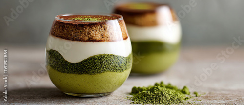 Two Matcha Tiramisu Desserts in Glasses with Scattered Pistachios