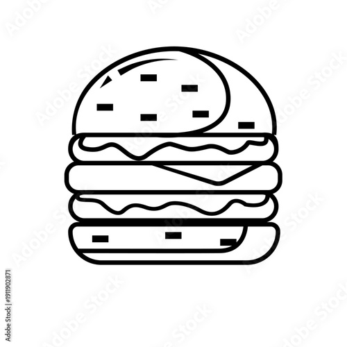 Line art hamburger with layers of cheese and condiments  
