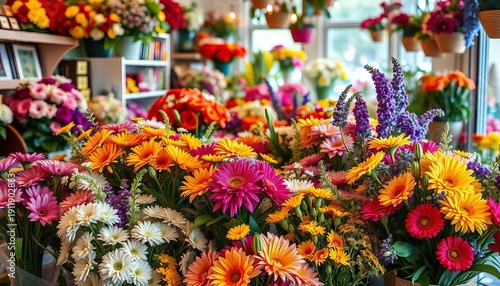 Vibrant bouquets arranged in a charming flower shop,  still life,  shop interior