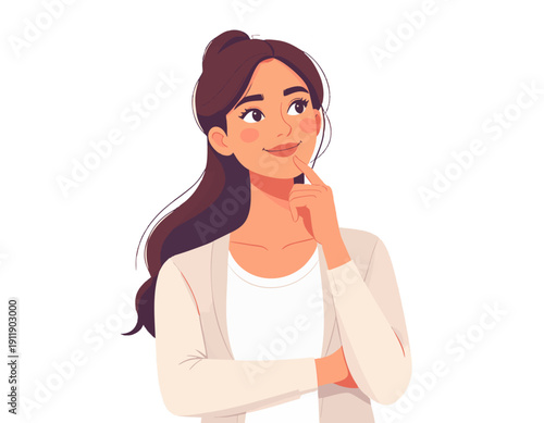 Flat vector illustration of a character showing thinking with hand on chin