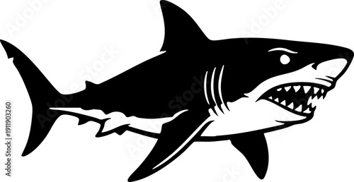Aggressive great white shark vector illustration black and white graphic