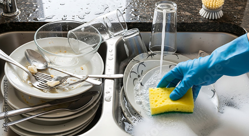 A close-up view of a kitchen sink filled with dirty dishes and a sponge nearby.