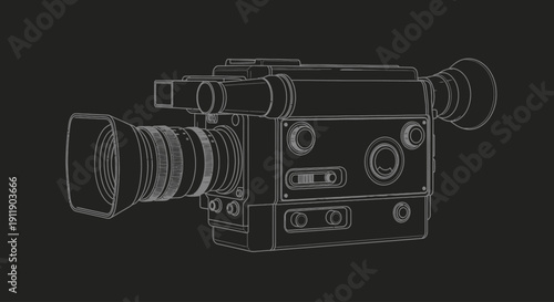 Retro Broadcast Camera Wireframe Outline Drawing on Black Background