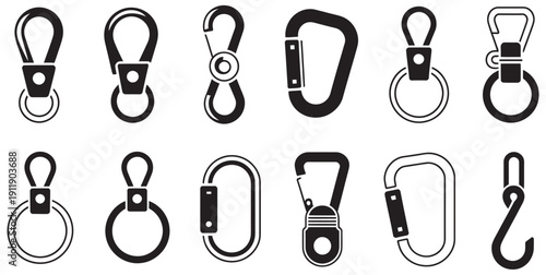 Vector illustration of metal swivel clasps set, rings carabiners, keychain accessories, hardware parts, black and white fastening components icons