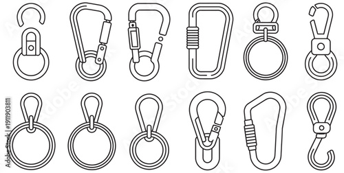 Metal swivel clasps vector illustration set, rings and carabiners, black and white, keychain accessories, hardware parts, fastening components graphics