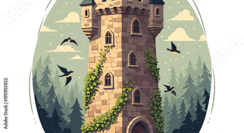 An enchanting ivy-covered stone tower stands tall in a mystical forest, with graceful birds circling its ancient walls under a tranquil sky, evoking forgotten tales and timeless magic
