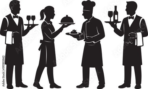 Silhouettes of waiters and a chef serving food and drinks, representing hospitality service, catering, restaurant staff, culinary presentation, and professional food service industry roles