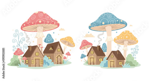 Whimsical illustration of a charming fantasy village featuring cozy mushroom houses and tiny homes nestled amidst colorful flora, creating an enchanting forest scene