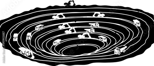 Open Pit Mine Illustration with Heavy Haul Trucks and Excavation