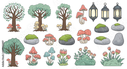 Charming Pixel Art Elements Whimsical Trees, Magical Mushrooms, Lanterns, and Nature Rocks for Fantasy Scenes