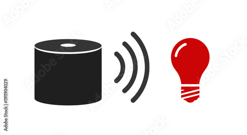 Minimalist Smart Home Hub Speaker Controlling Lightbulb via Voice Commands - Flat Vector IoT Illustration